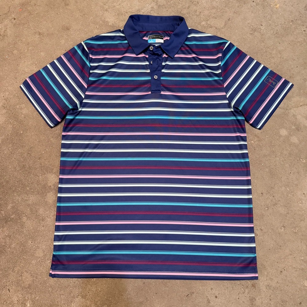 PGA Tour Polo Shirt Men Large Blue Pink Striped Pro Series Athletic Fit Golf